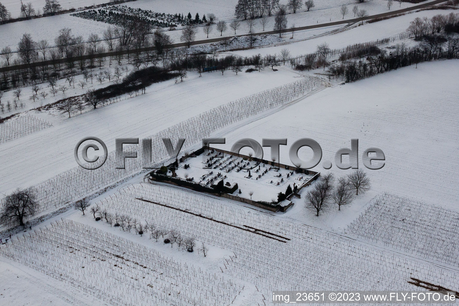 Aerial photograpy of Cemetery in the snow in the district Kleinsteinfeld in Niederotterbach in the state Rhineland-Palatinate, Germany
