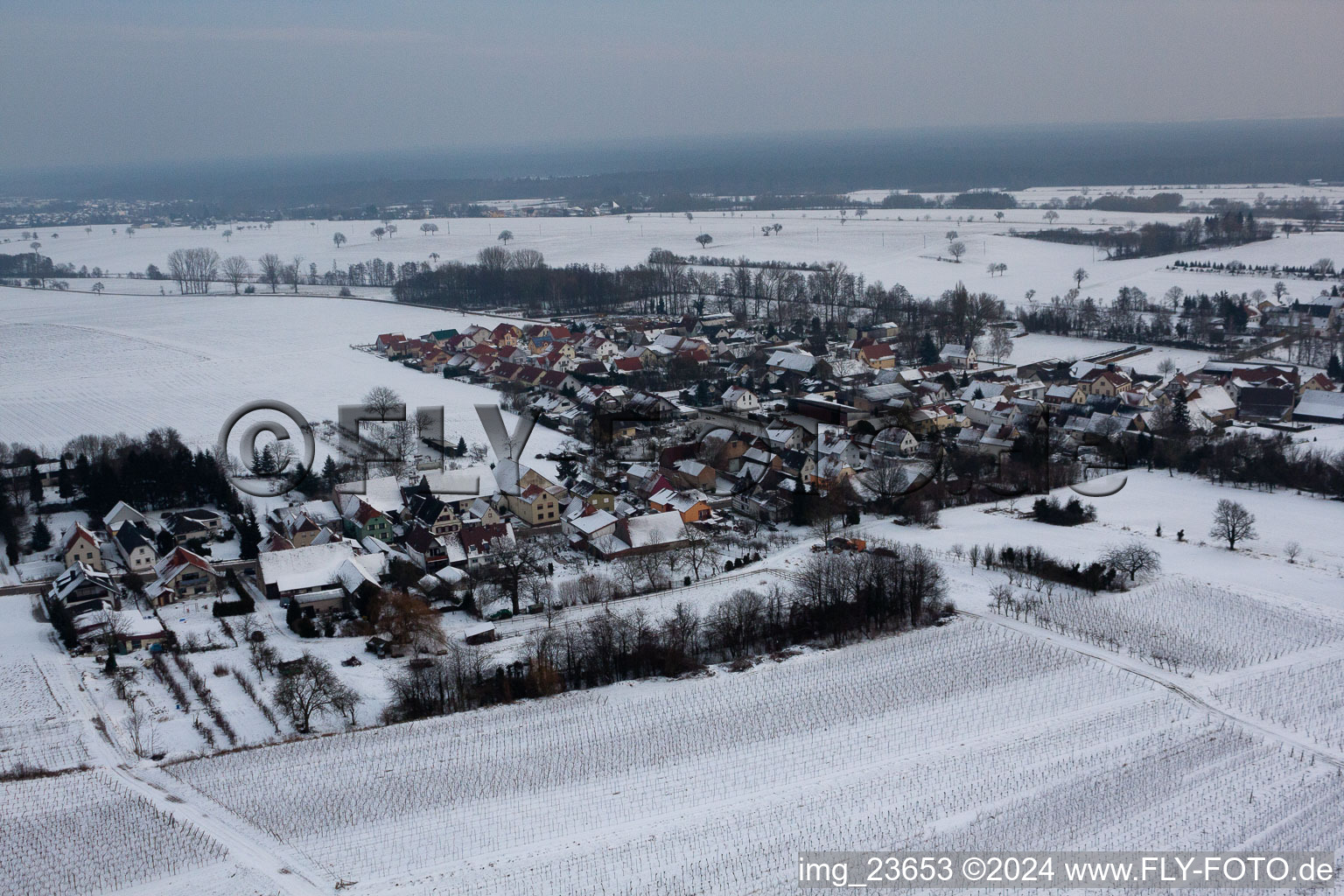Bird's eye view of In the snow in winter in the district Kleinsteinfeld in Niederotterbach in the state Rhineland-Palatinate, Germany