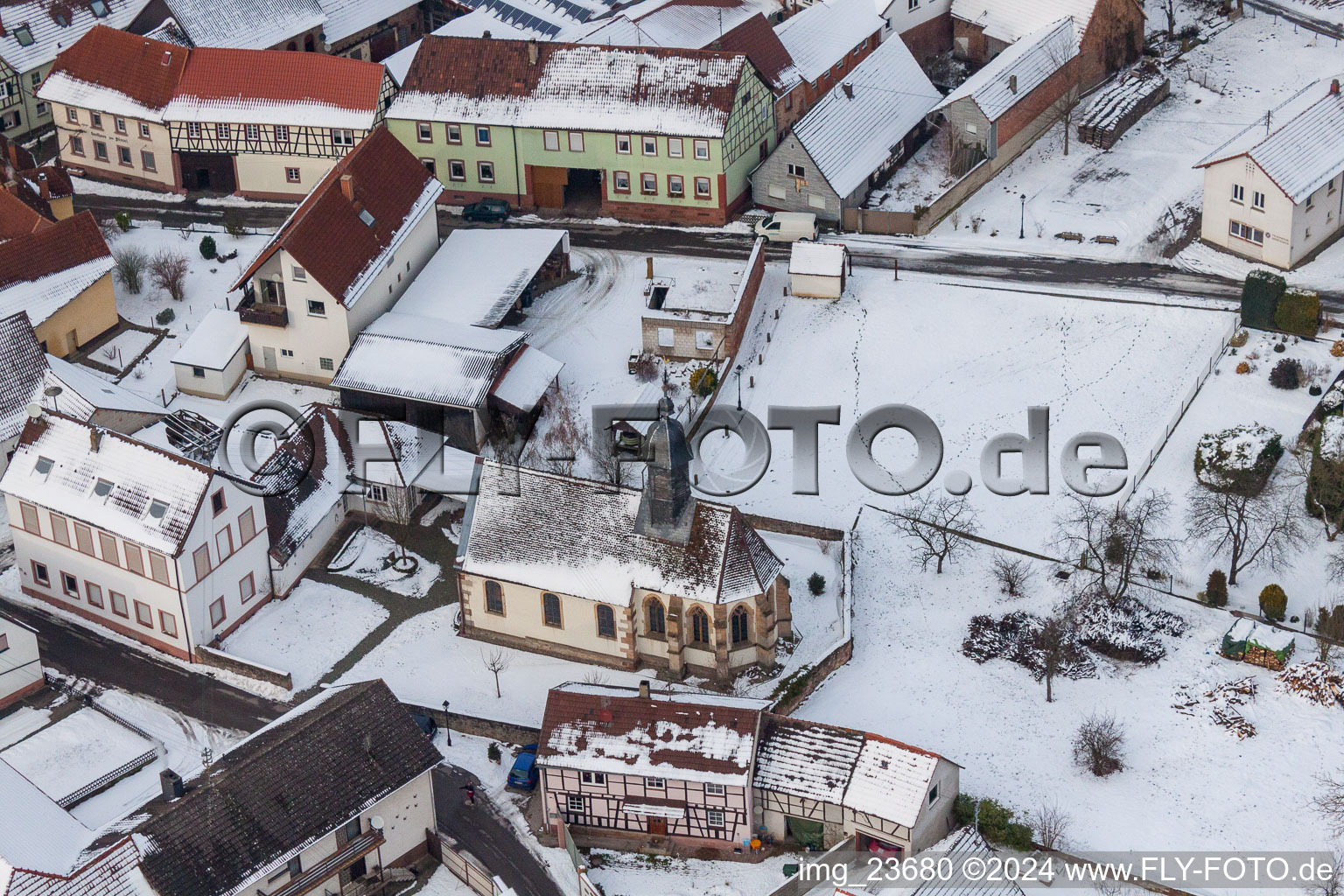 Wintry snowy Church building in the village of in Dierbach in the state Rhineland-Palatinate