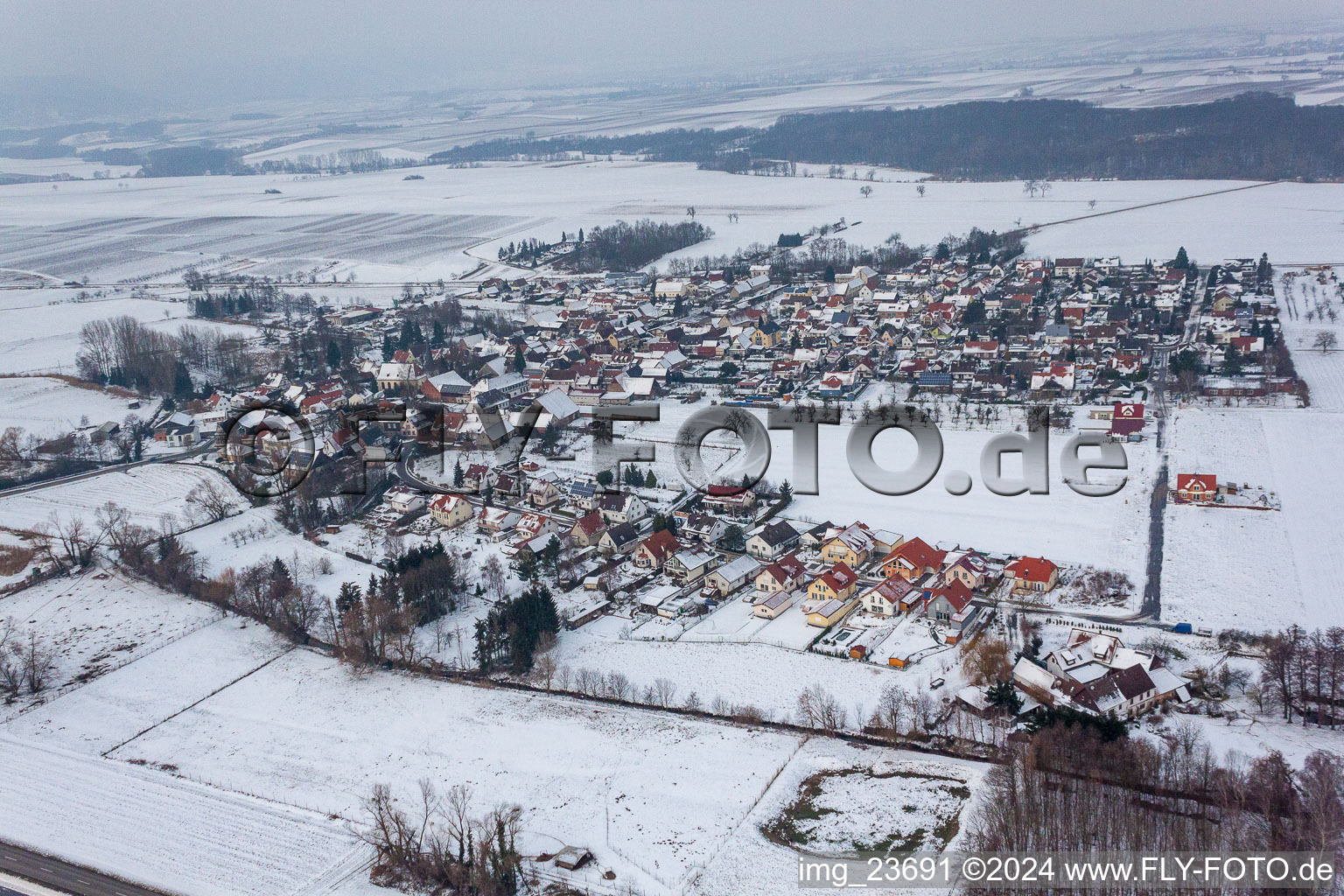 Wintry snowy Village view in Barbelroth in the state Rhineland-Palatinate