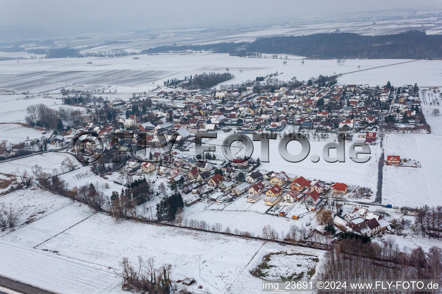 Winter snow covered village view in Barbelroth in the state Rhineland-Palatinate, Germany