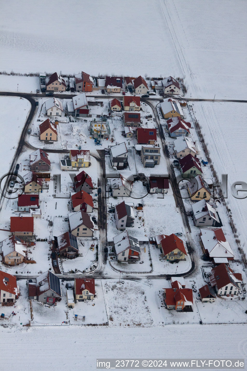 Aerial view of New development area Brotäcker in Steinweiler in the state Rhineland-Palatinate, Germany