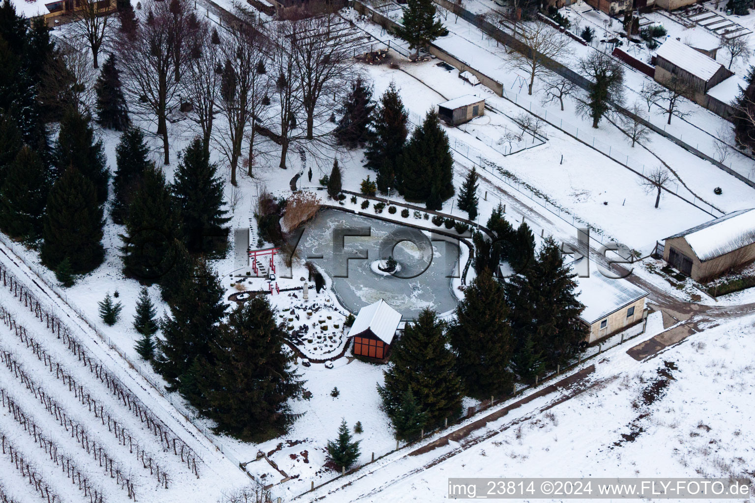 Aerial view of Ornamental garden in Erlenbach bei Kandel in the state Rhineland-Palatinate, Germany