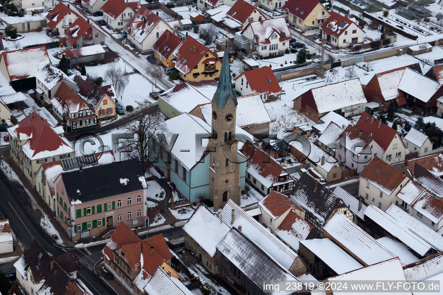 Protestant Church, Town Hall in Erlenbach bei Kandel in the state Rhineland-Palatinate, Germany