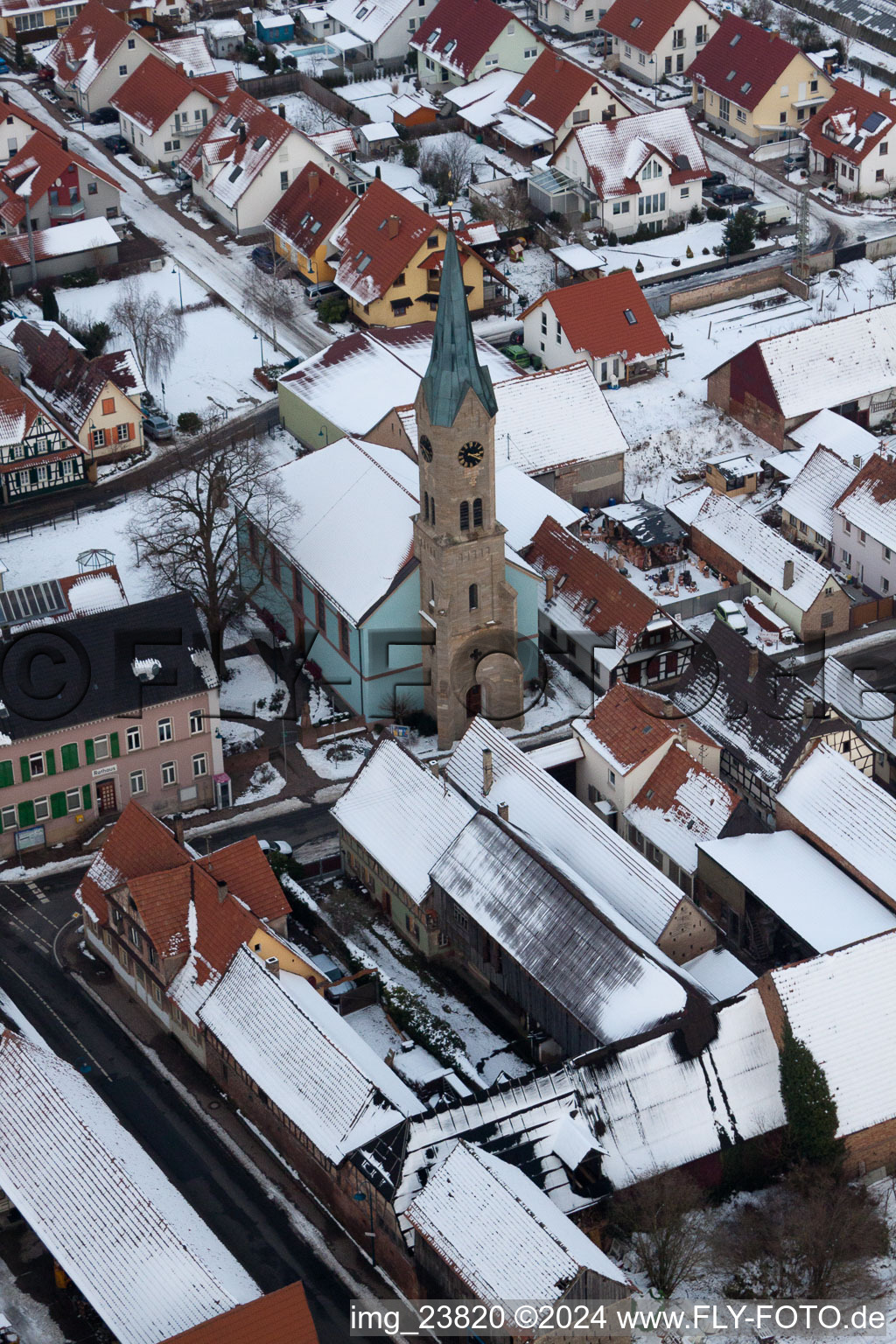 Aerial view of Protestant Church, Town Hall in Erlenbach bei Kandel in the state Rhineland-Palatinate, Germany