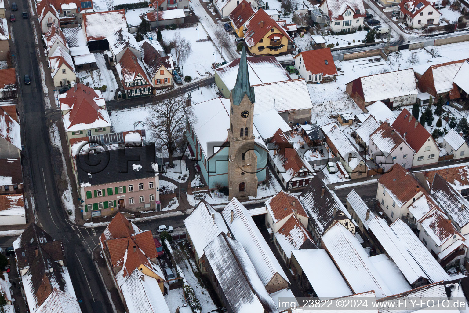 Aerial photograpy of Protestant Church, Town Hall in Erlenbach bei Kandel in the state Rhineland-Palatinate, Germany