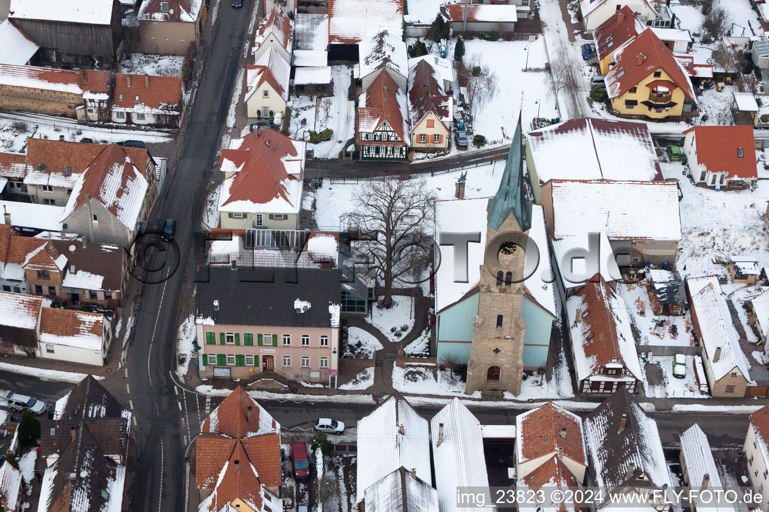 Oblique view of Protestant Church, Town Hall in Erlenbach bei Kandel in the state Rhineland-Palatinate, Germany