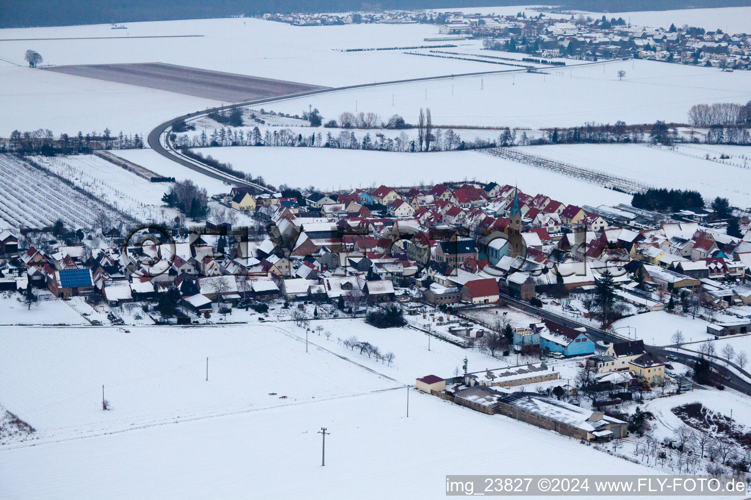 In winter when snow comes from the south in Erlenbach bei Kandel in the state Rhineland-Palatinate, Germany