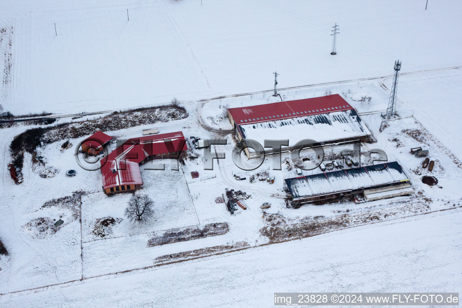 Aerial photograpy of Chicken farm egg farm in winter with snow in Erlenbach bei Kandel in the state Rhineland-Palatinate, Germany