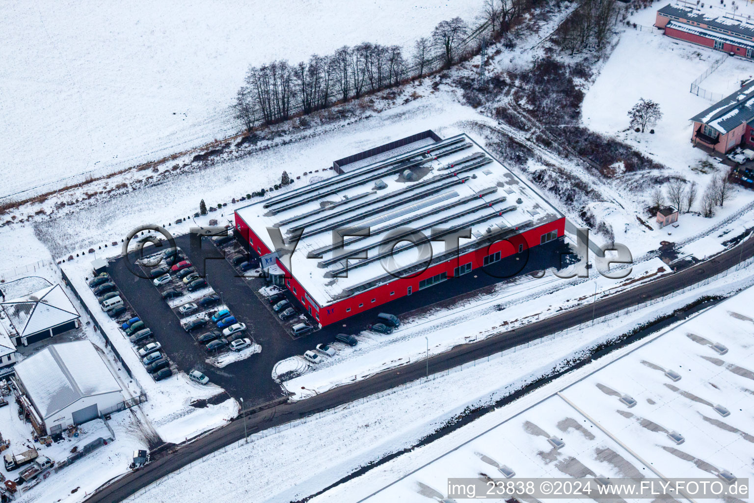 Oblique view of Bienwald Fitness World in the district Minderslachen in Kandel in the state Rhineland-Palatinate, Germany