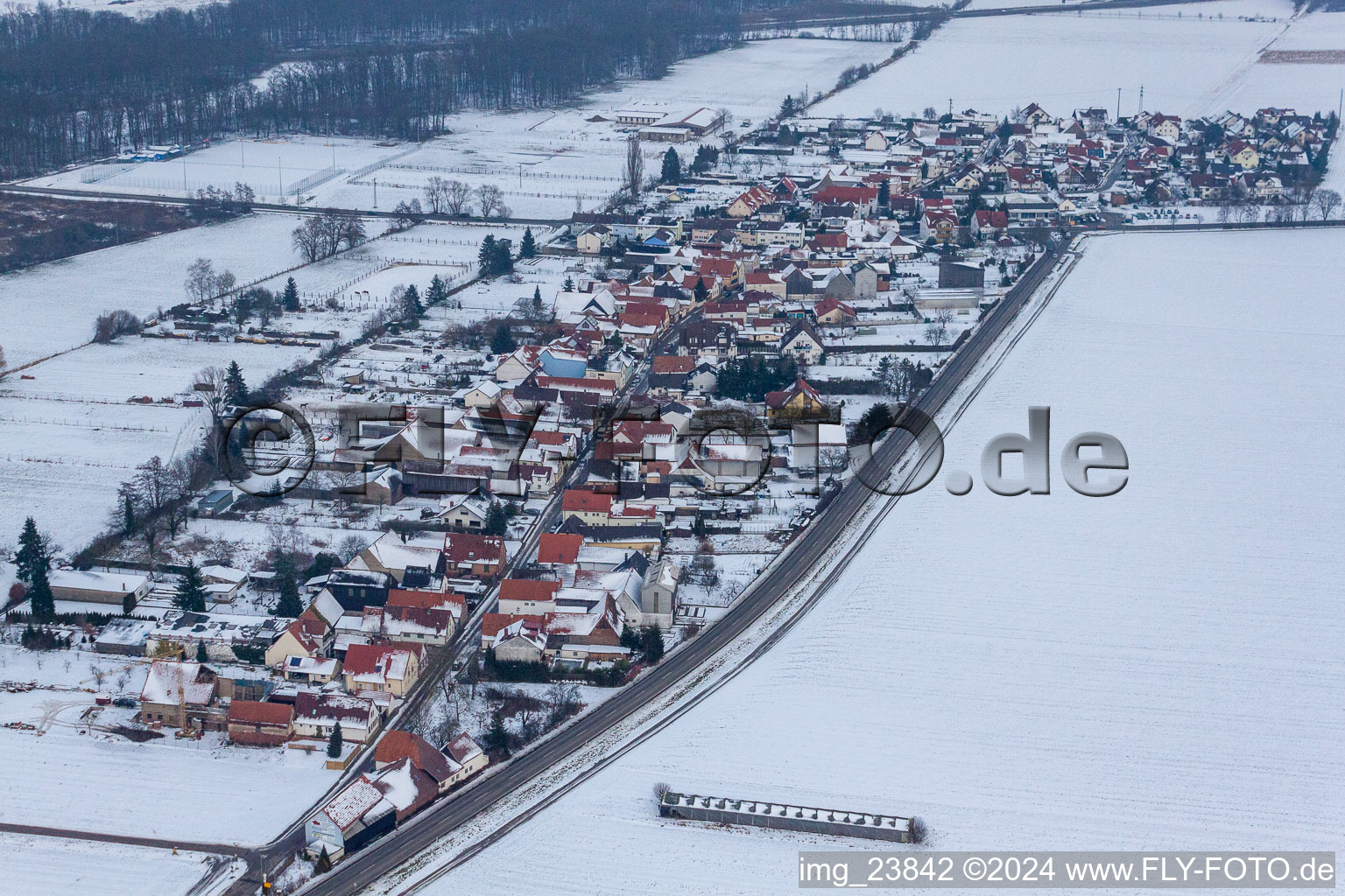 Aerial view of Village view in the district Minderslachen in Kandel in the state Rhineland-Palatinate, Germany