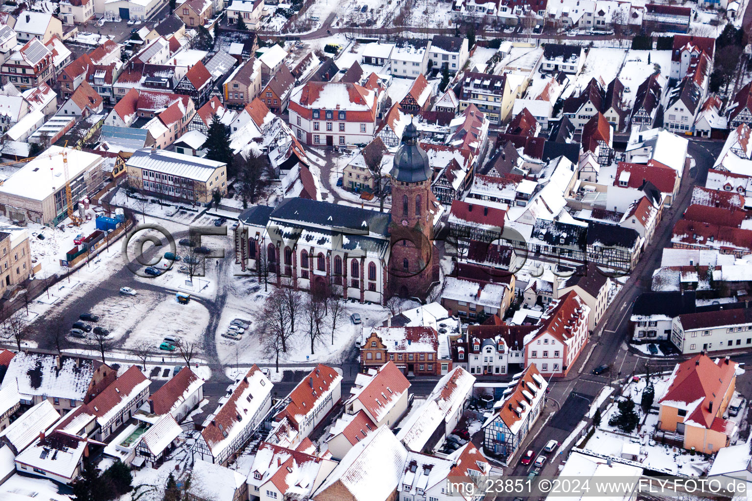 Aerial view of Market square, church in Kandel in the state Rhineland-Palatinate, Germany