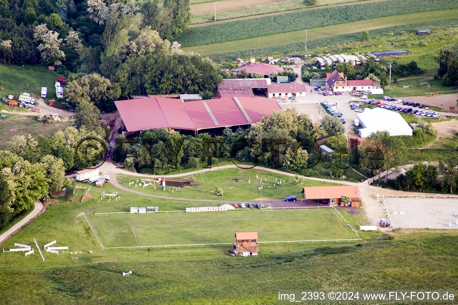 Aerial view of Horse farm in Neewiller-près-Lauterbourg in the state Bas-Rhin, France