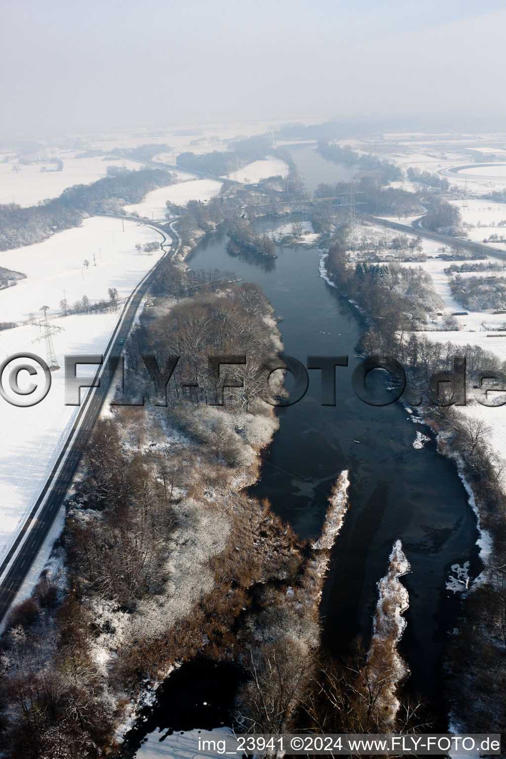 Aerial view of Old Rhine in winter in Wörth am Rhein in the state Rhineland-Palatinate, Germany