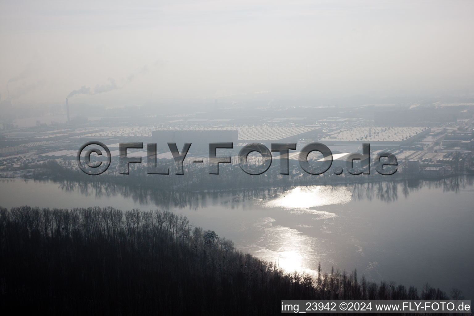 Aerial photograpy of Old Rhine in winter in Wörth am Rhein in the state Rhineland-Palatinate, Germany