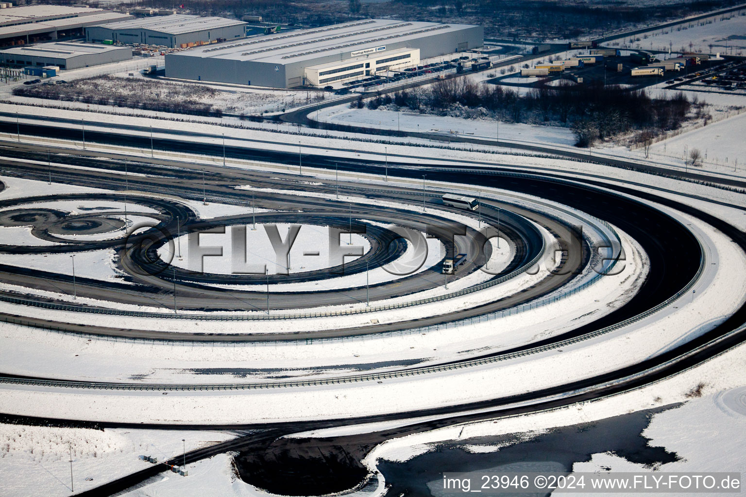 Aerial view of Oberwald industrial area, Daimler truck test track with winter tires? in Wörth am Rhein in the state Rhineland-Palatinate, Germany