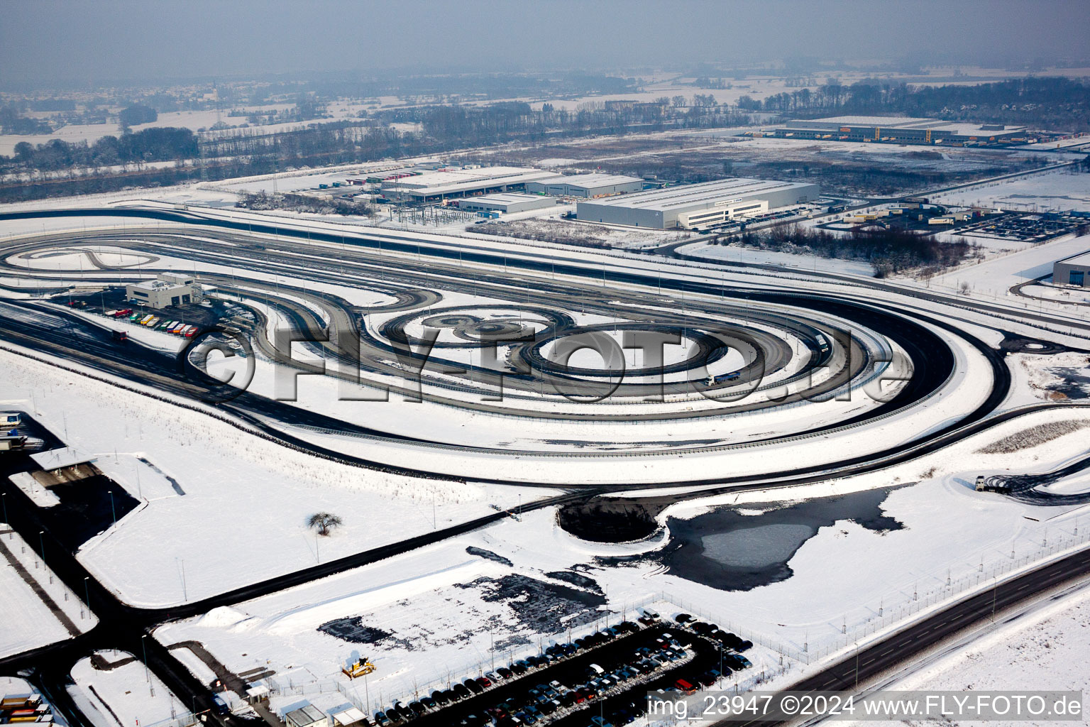 Aerial photograpy of Oberwald industrial area, Daimler truck test track with winter tires? in Wörth am Rhein in the state Rhineland-Palatinate, Germany