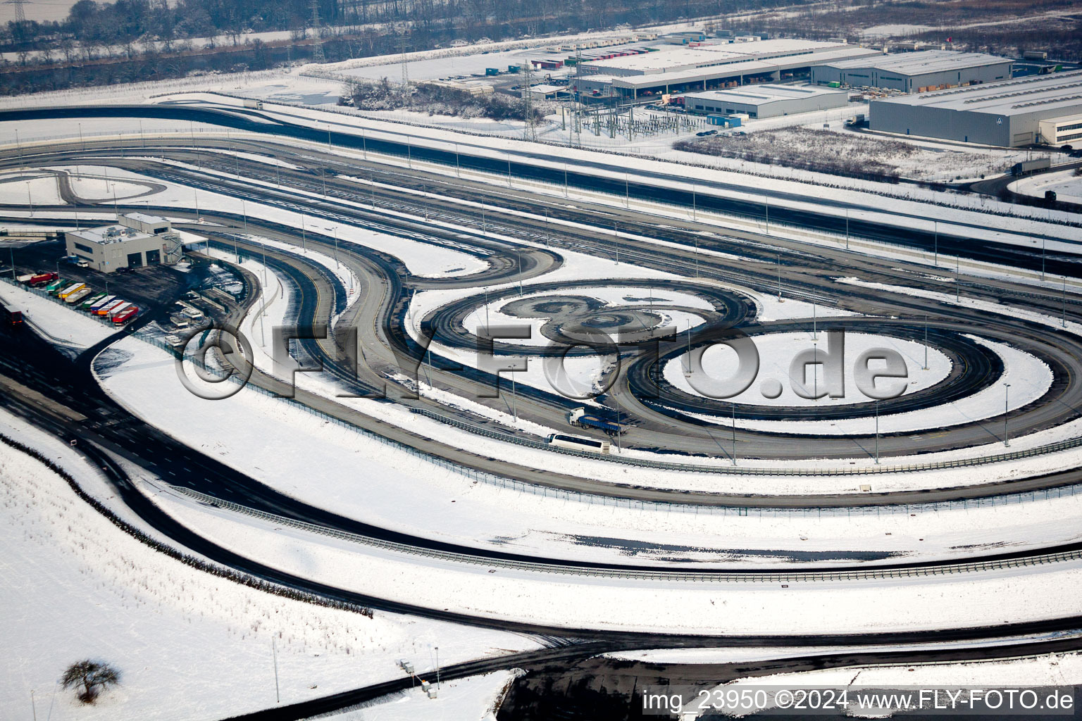 Oberwald industrial area, Daimler truck test track with winter tires? in Wörth am Rhein in the state Rhineland-Palatinate, Germany out of the air