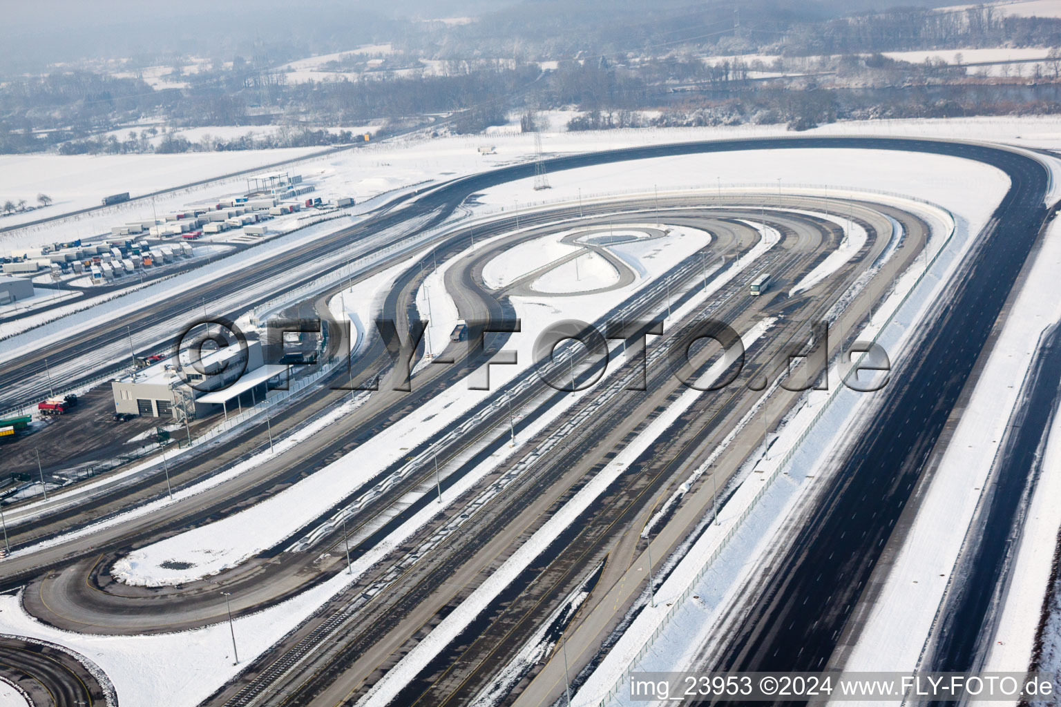 Oberwald industrial area, Daimler truck test track with winter tires? in Wörth am Rhein in the state Rhineland-Palatinate, Germany from the plane