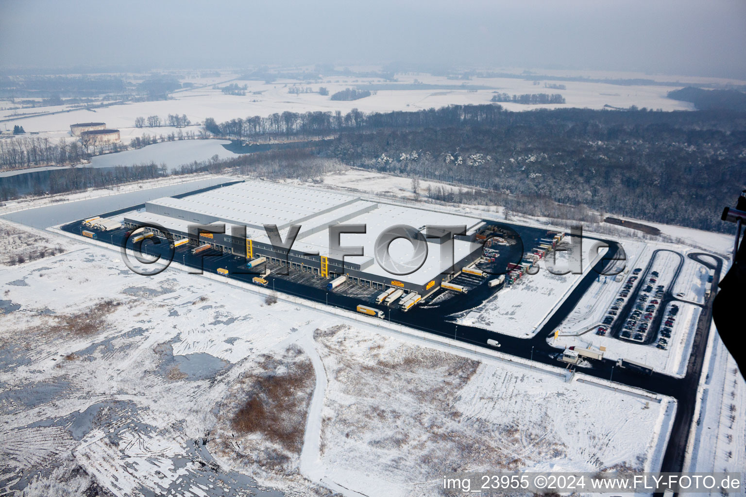 Aerial view of Oberwald industrial area, Netto logistics center in Wörth am Rhein in the state Rhineland-Palatinate, Germany