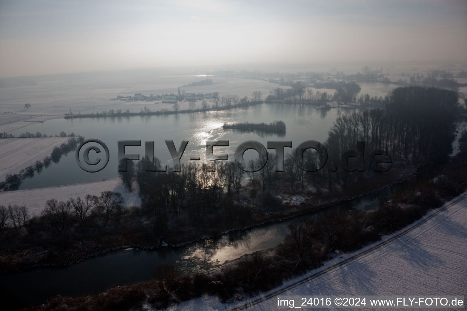 Aerial view of Old Rhine in winter in Neupotz in the state Rhineland-Palatinate, Germany