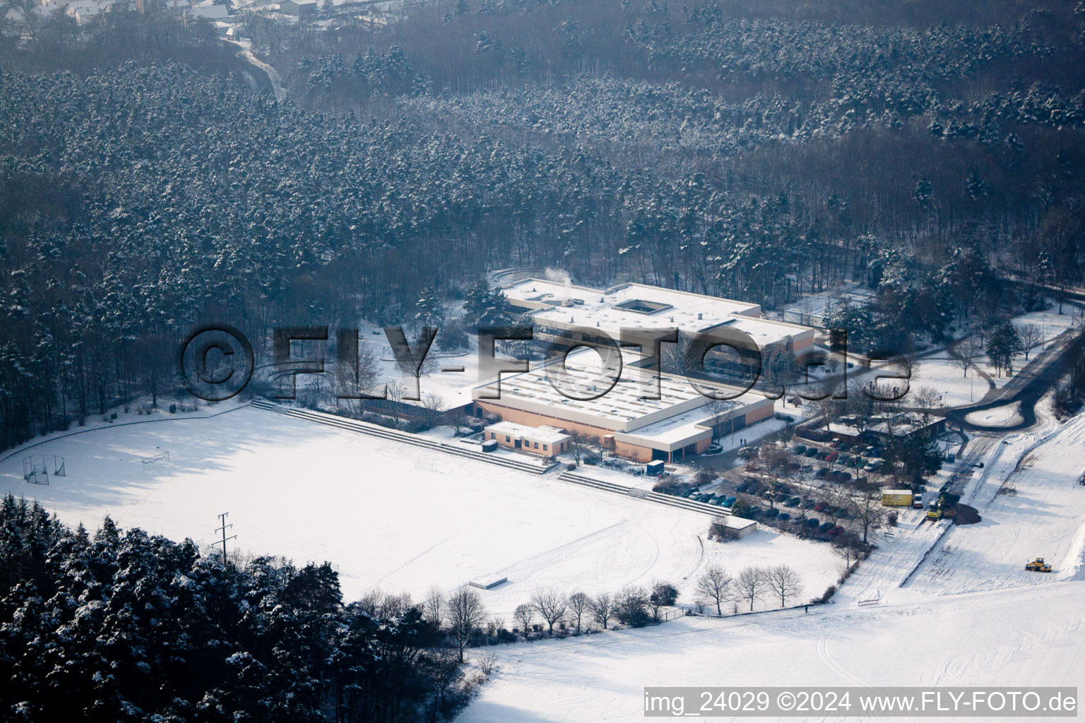 Roman Bath School in Rheinzabern in the state Rhineland-Palatinate, Germany viewn from the air