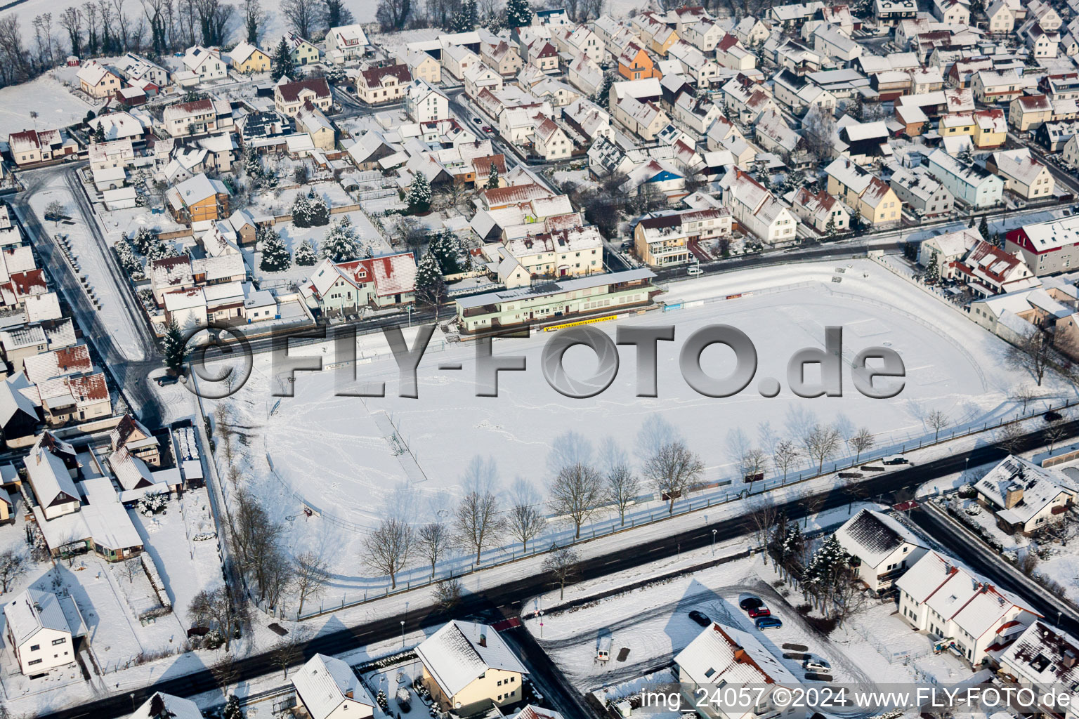 Wintry snowy Sports grounds and football pitch of Sportverein Olympia in Rheinzabern in the state Rhineland-Palatinate, Germany