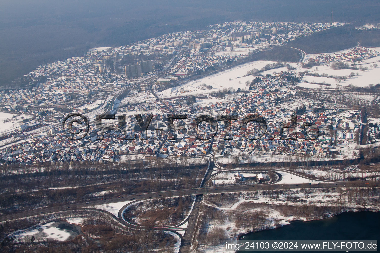 Aerial view of From the east in Wörth am Rhein in the state Rhineland-Palatinate, Germany