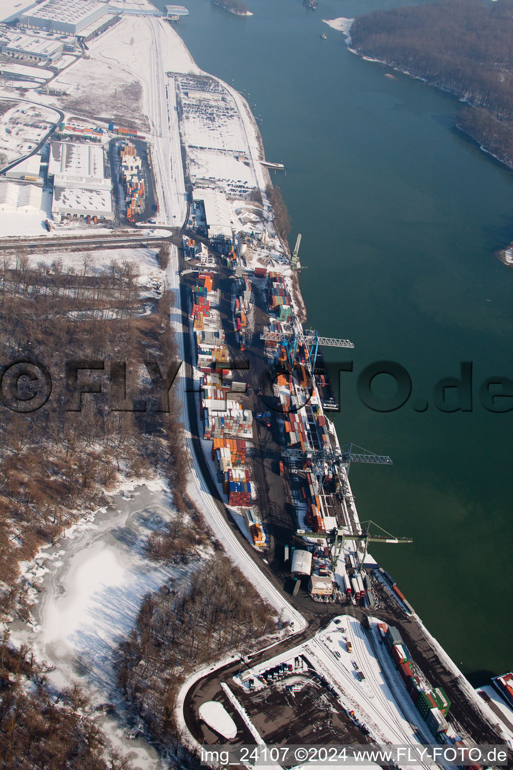 Aerial view of Container port in Wörth am Rhein in the state Rhineland-Palatinate, Germany