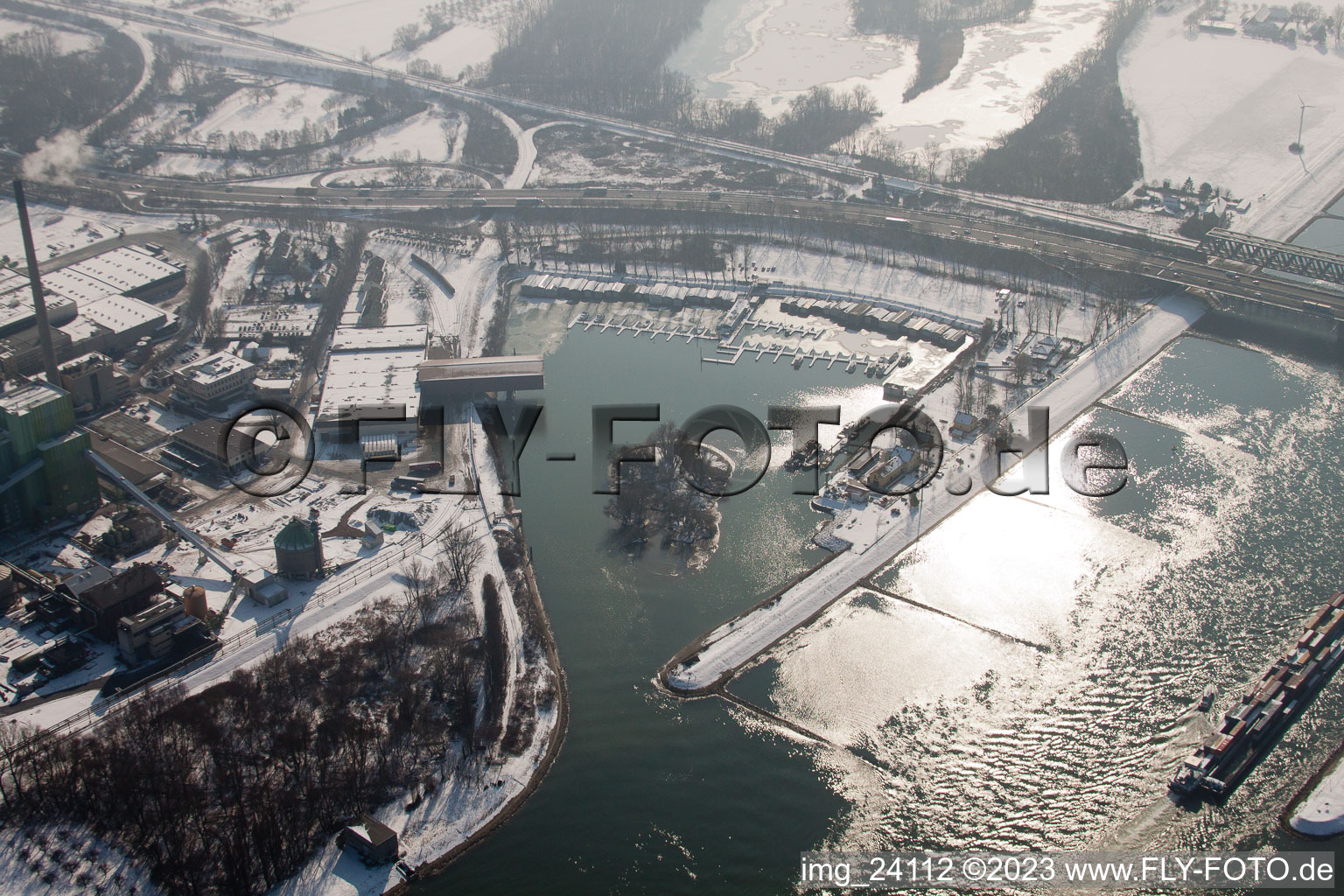 Marina in winter in the district Knielingen in Karlsruhe in the state Baden-Wuerttemberg, Germany