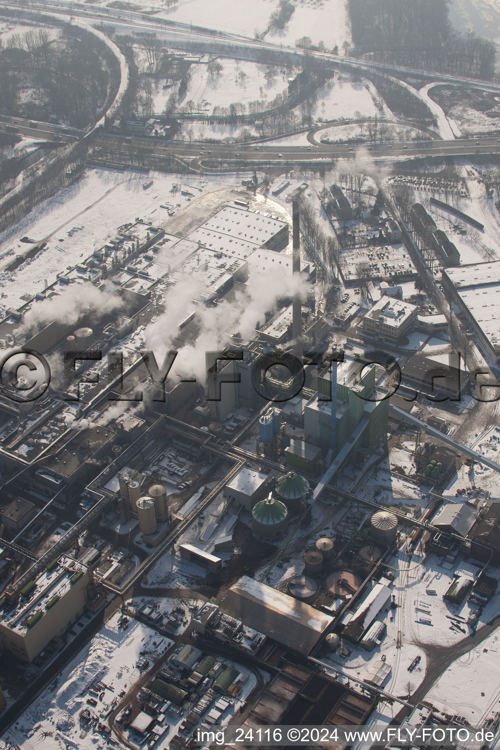 Aerial photograpy of Maxau, Stora Enso paper mill in winter in the district Knielingen in Karlsruhe in the state Baden-Wuerttemberg, Germany