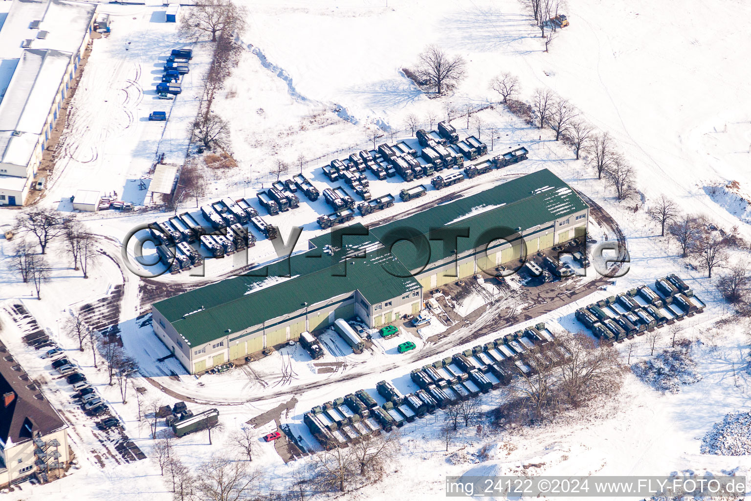 Wintry snowy Depot on the military training grounds of Bundeswehr in the district Knielingen in Karlsruhe in the state Baden-Wurttemberg, Germany