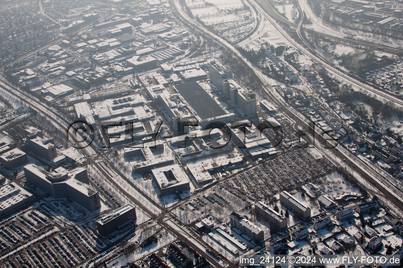 Aerial view of Siemens in the district Knielingen in Karlsruhe in the state Baden-Wuerttemberg, Germany