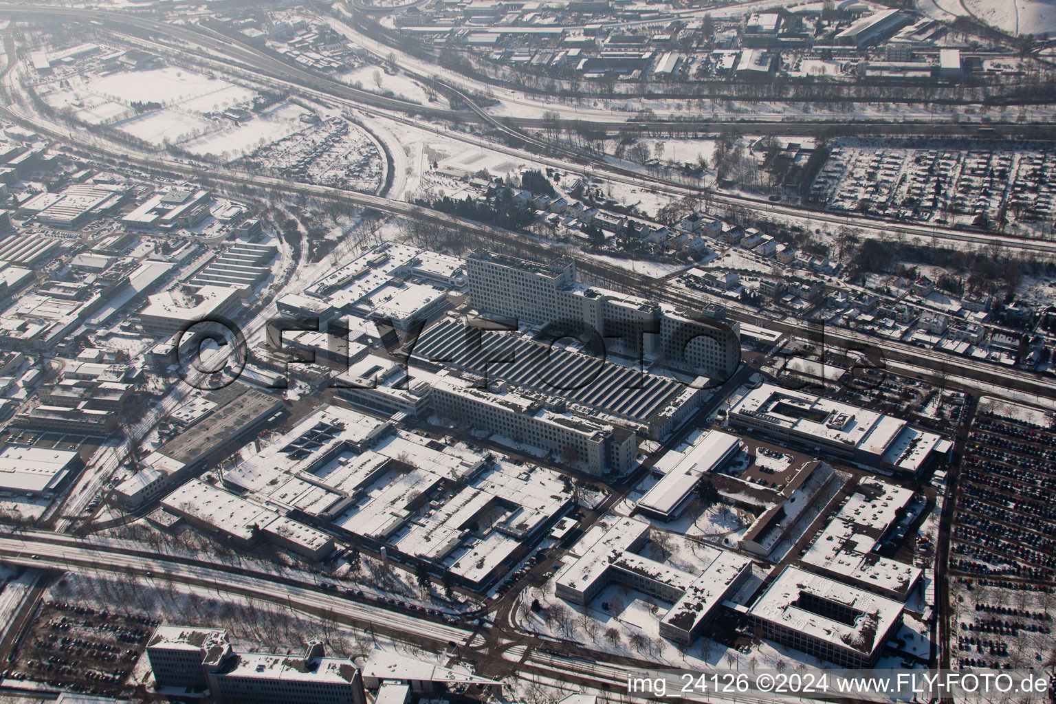 Oblique view of Siemens in the district Knielingen in Karlsruhe in the state Baden-Wuerttemberg, Germany