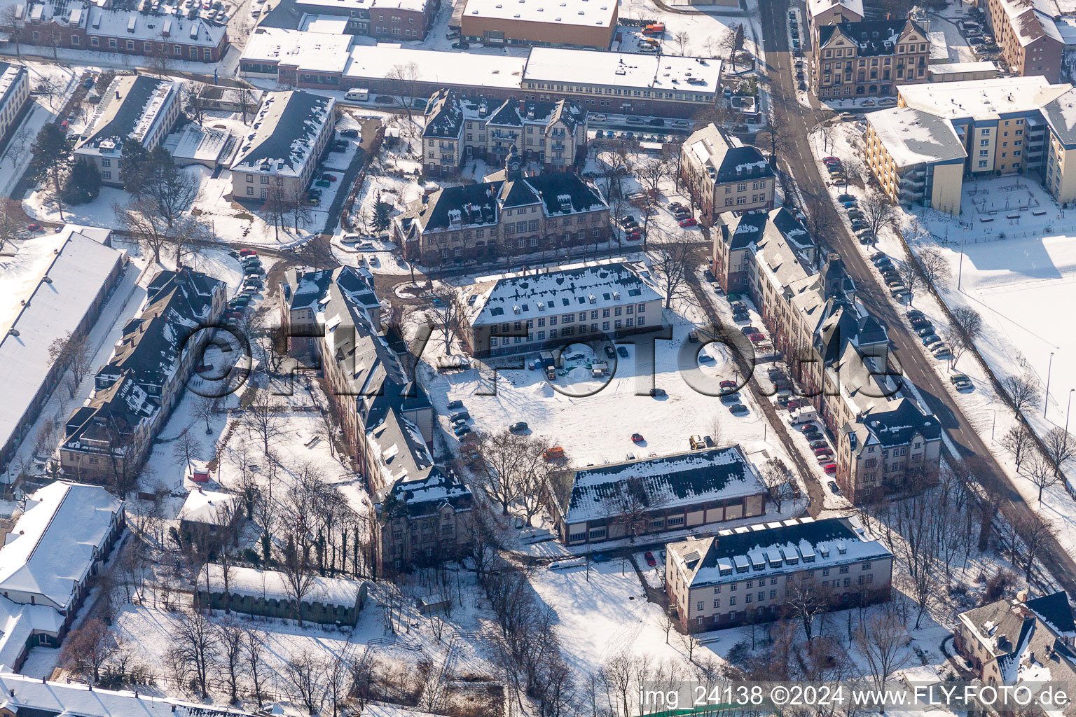 Wintry snowy Campus building of the University Karlsruhe Instute of Technology KIT Campus West in the district Nordweststadt in Karlsruhe in the state Baden-Wurttemberg, Germany