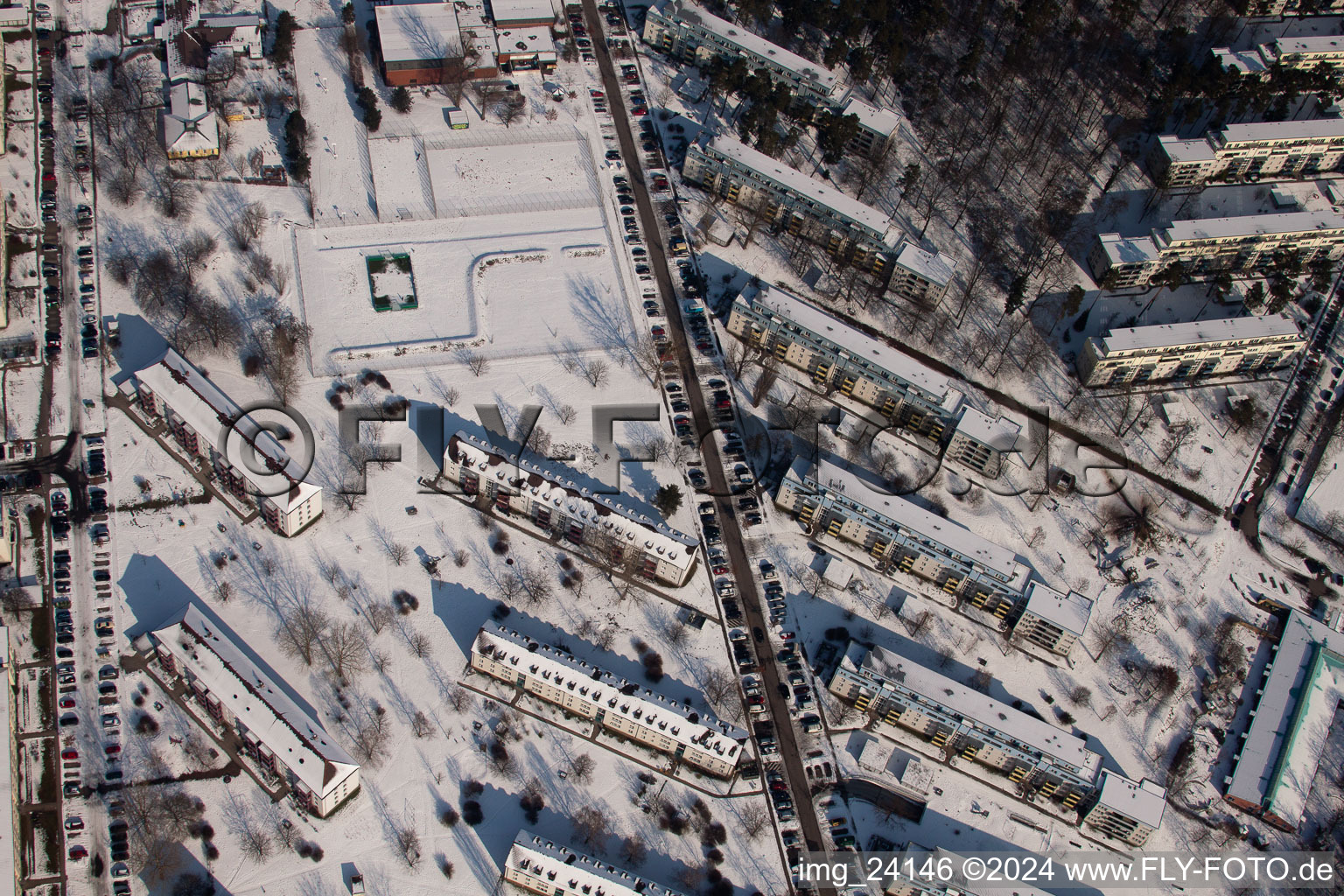 Aerial photograpy of Tennesseeallee in winter with snow in the district Nordstadt in Karlsruhe in the state Baden-Wuerttemberg, Germany