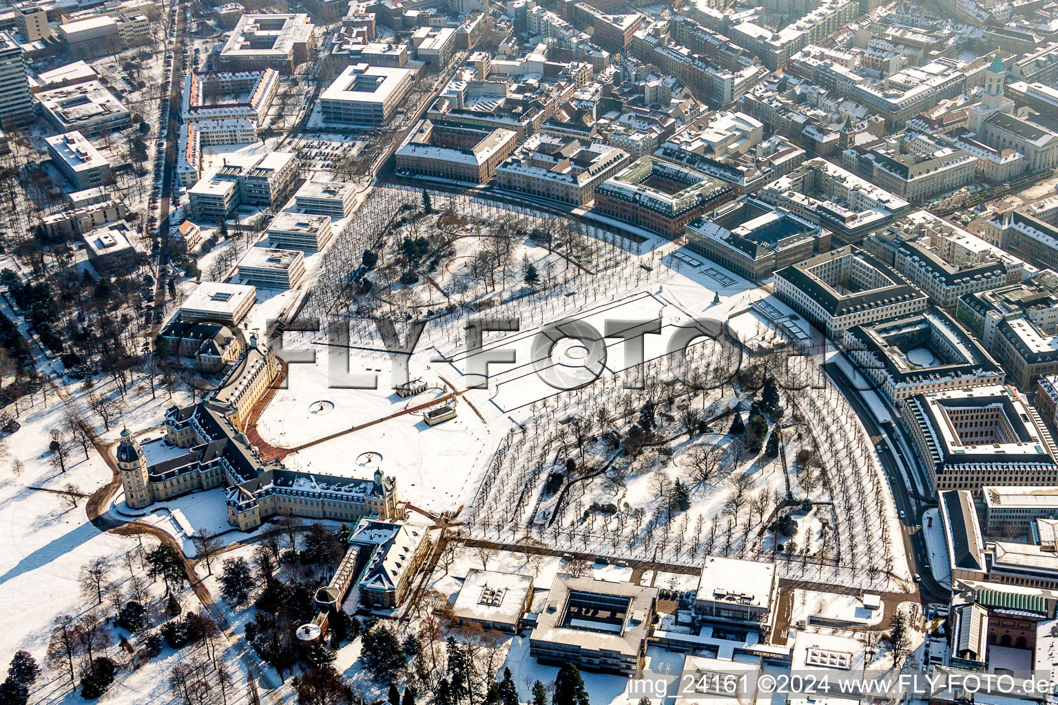 Aerial photograpy of Wintry snowy Building complex in the park of the castle Schloss Karlsruhe in Karlsruhe in the state Baden-Wurttemberg, Germany