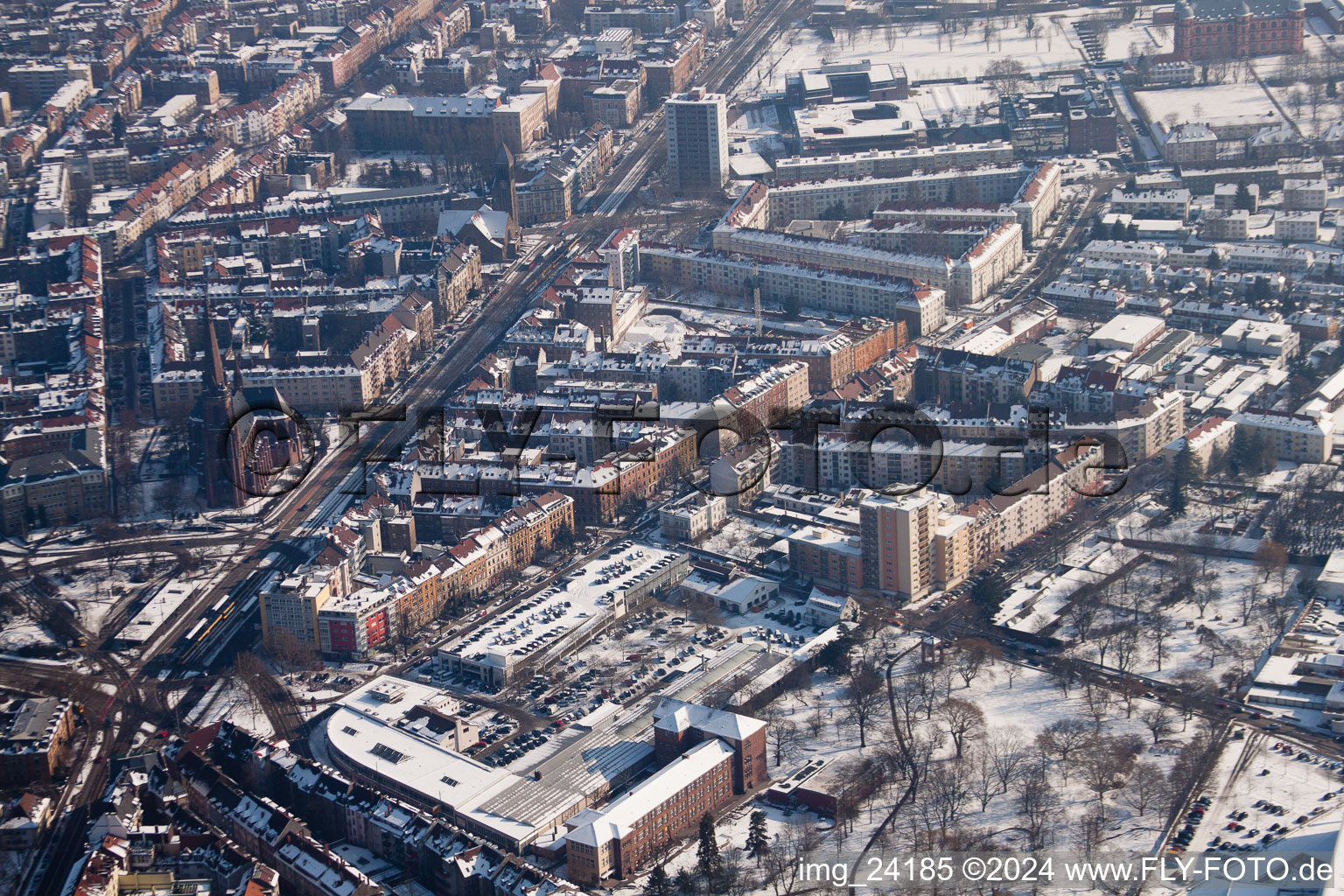 Aerial view of Durlach Gate in the district Oststadt in Karlsruhe in the state Baden-Wuerttemberg, Germany