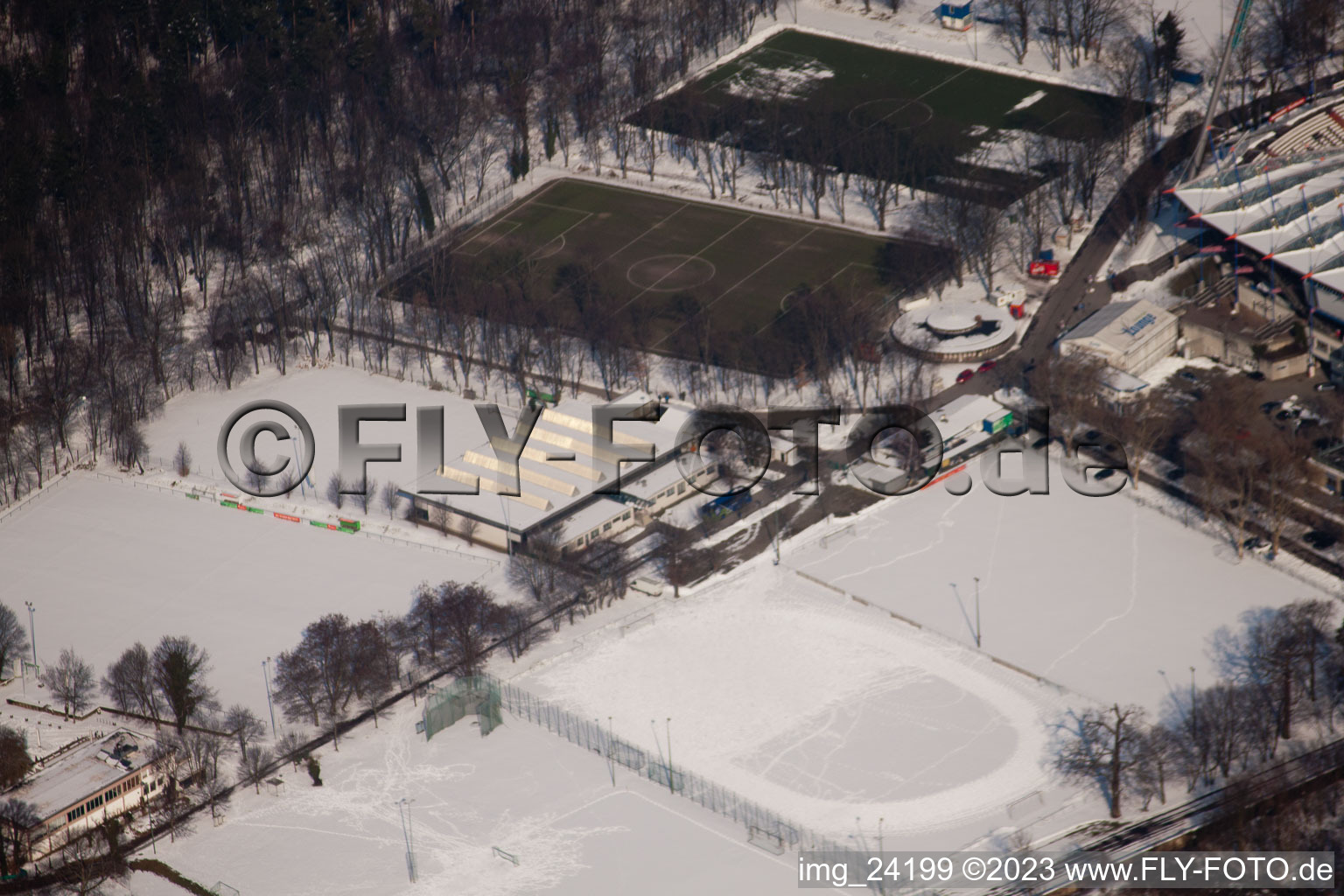Aerial photograpy of Wildpark Stadium KSC in the district Innenstadt-Ost in Karlsruhe in the state Baden-Wuerttemberg, Germany