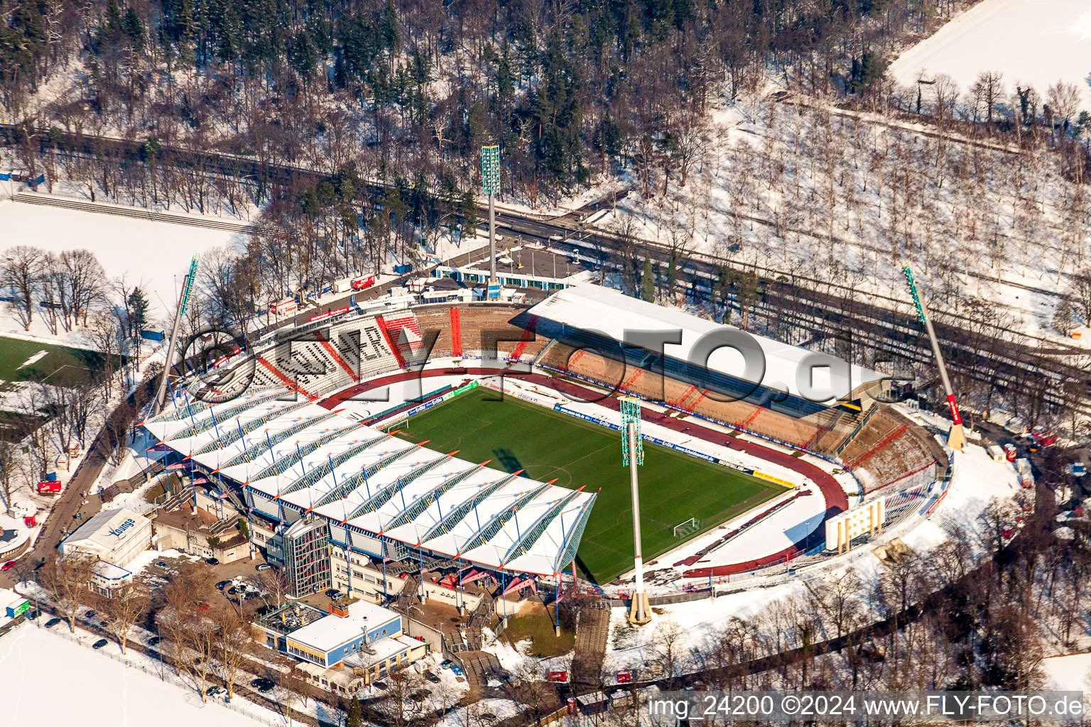 Wintry snowy Sports facility grounds of the Arena stadium Wildparkstadion of the KSC in Karlsruhe in the state Baden-Wurttemberg, Germany