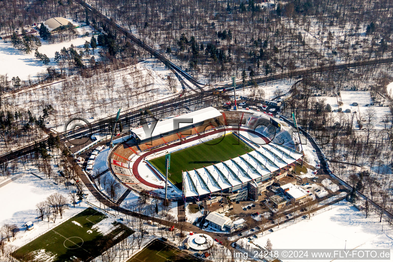 Wintry snowy Football stadium in the snow of the football club Wildparkstadion des KSC in Karlsruhe in the state Baden-Wurttemberg