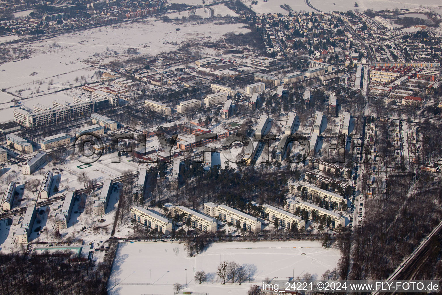 Tennesseeallee in winter with snow in the district Nordstadt in Karlsruhe in the state Baden-Wuerttemberg, Germany out of the air