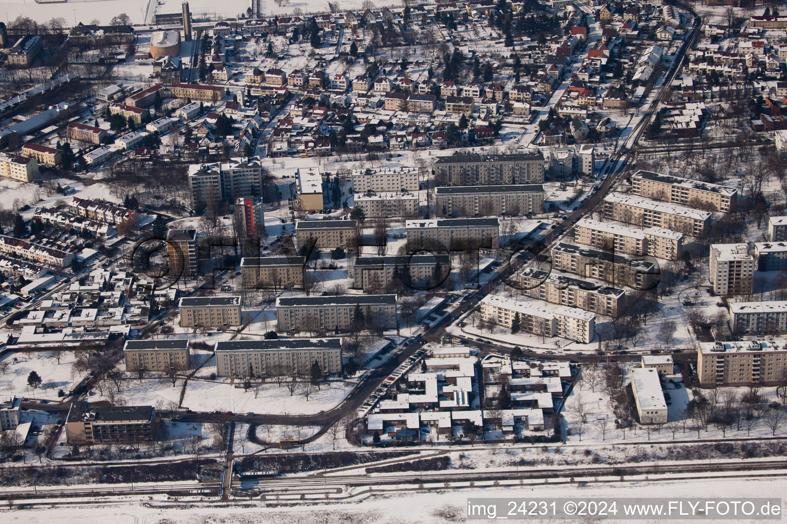 From the east in the district Nordweststadt in Karlsruhe in the state Baden-Wuerttemberg, Germany