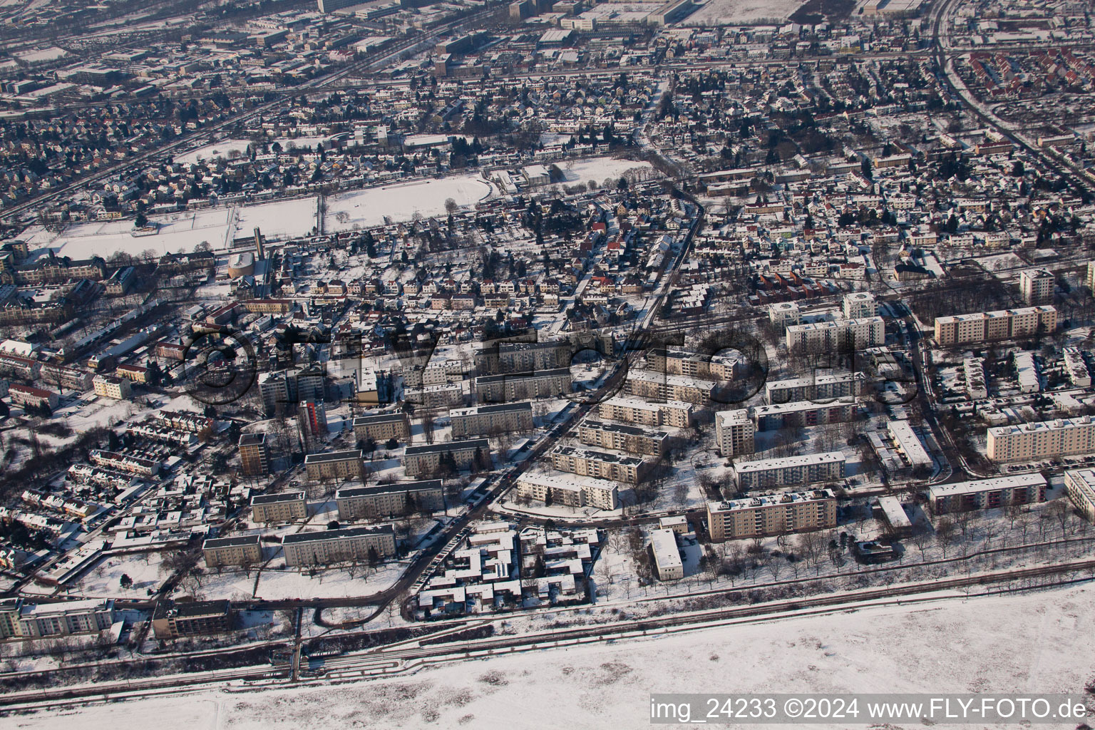 Aerial photograpy of From the east in the district Nordweststadt in Karlsruhe in the state Baden-Wuerttemberg, Germany