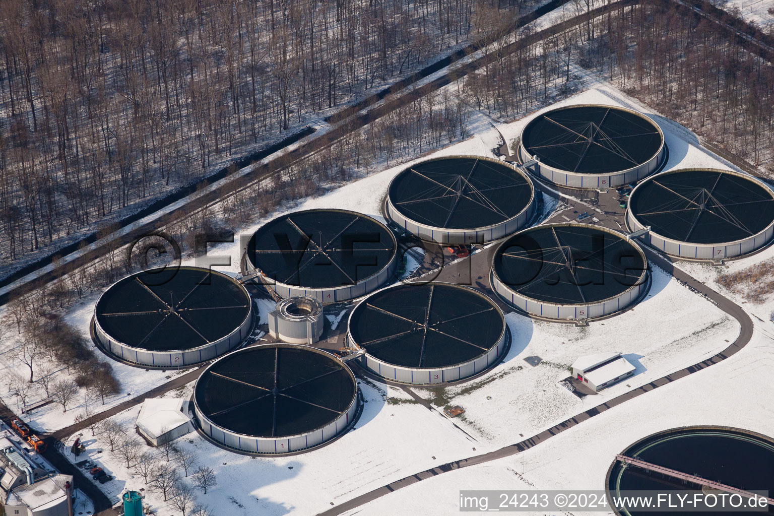 Aerial view of Sewage treatment plant in the district Neureut in Karlsruhe in the state Baden-Wuerttemberg, Germany