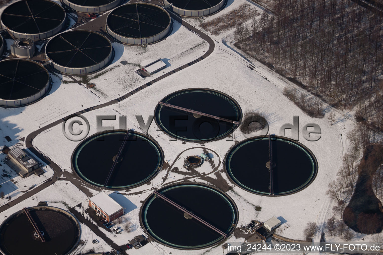 Aerial photograpy of Sewage treatment plant in the district Neureut in Karlsruhe in the state Baden-Wuerttemberg, Germany