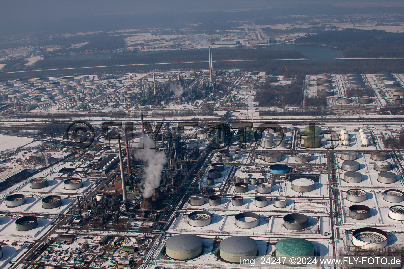 Aerial view of Upper Rhine mineral oil works in the district Knielingen in Karlsruhe in the state Baden-Wuerttemberg, Germany