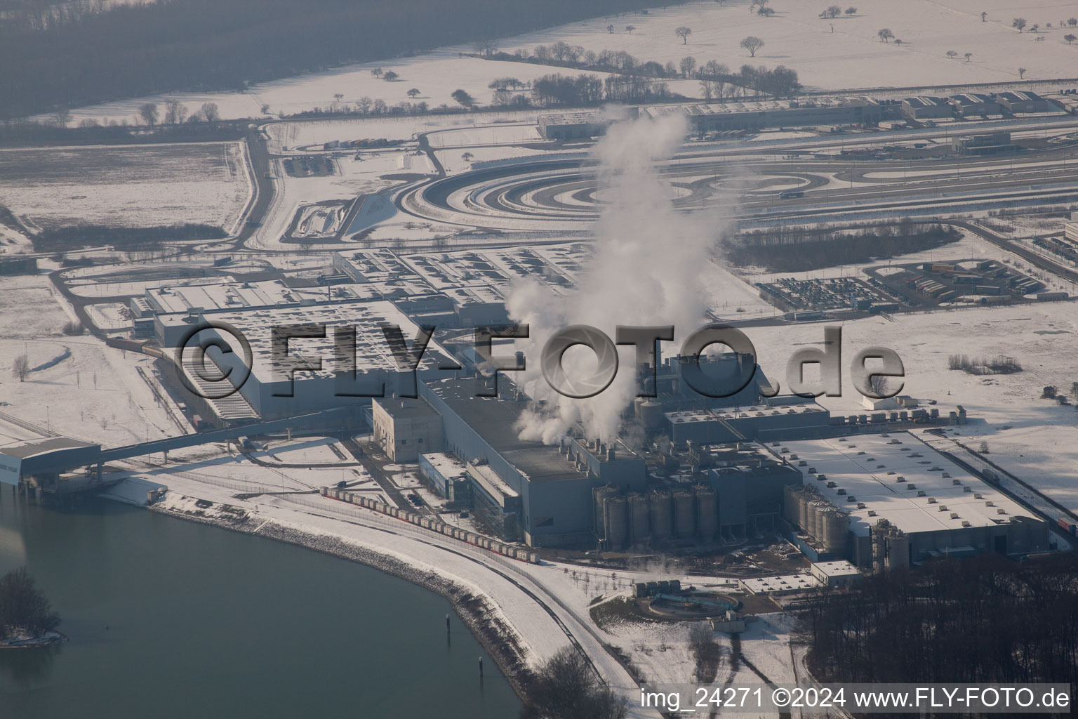 Aerial view of Oberwald industrial area, Palm paper factory in the district Maximiliansau in Wörth am Rhein in the state Rhineland-Palatinate, Germany