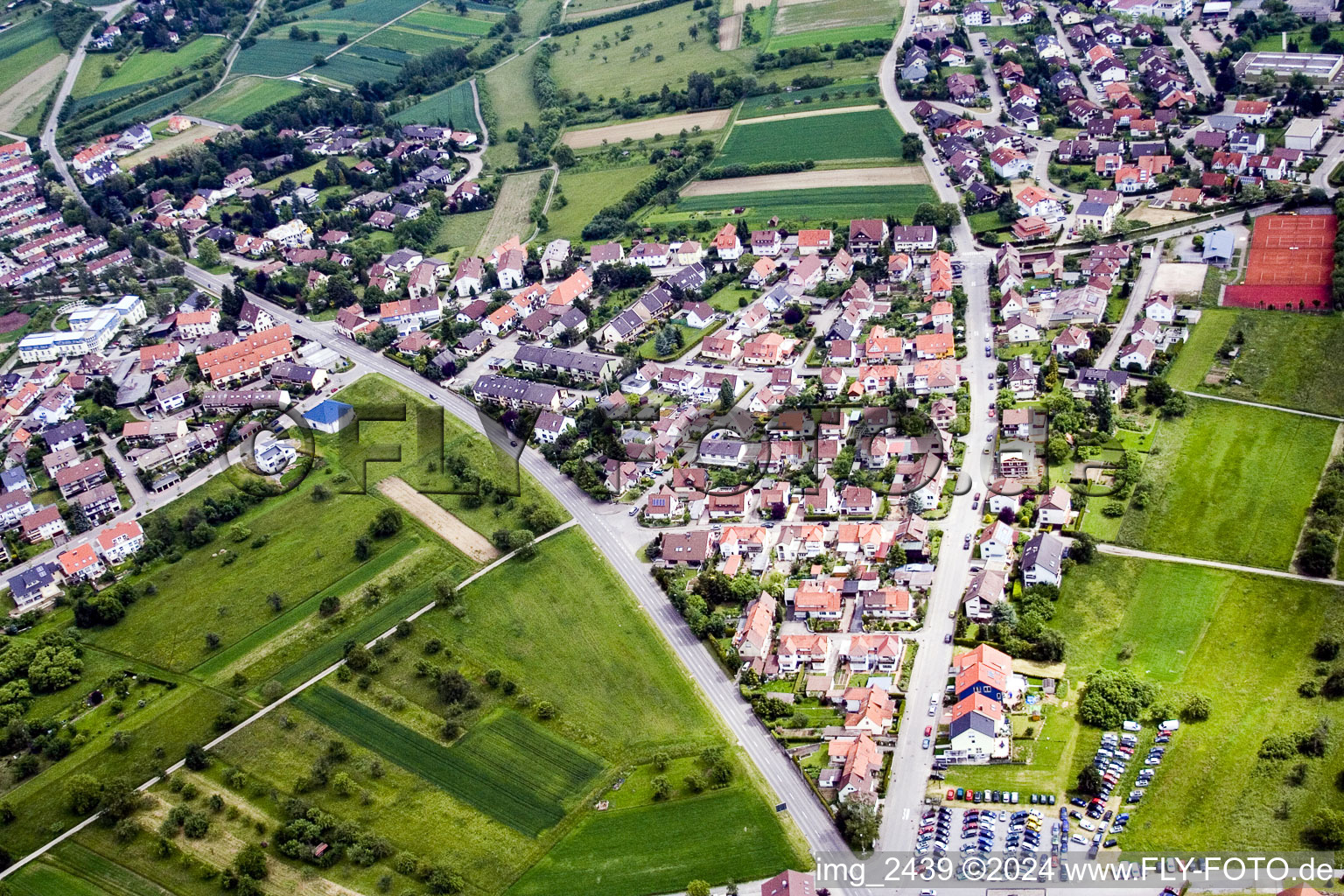 Aerial view of View of the streets and houses of the residential areas in Birkenfeld in the state Baden-Wuerttemberg, Germany