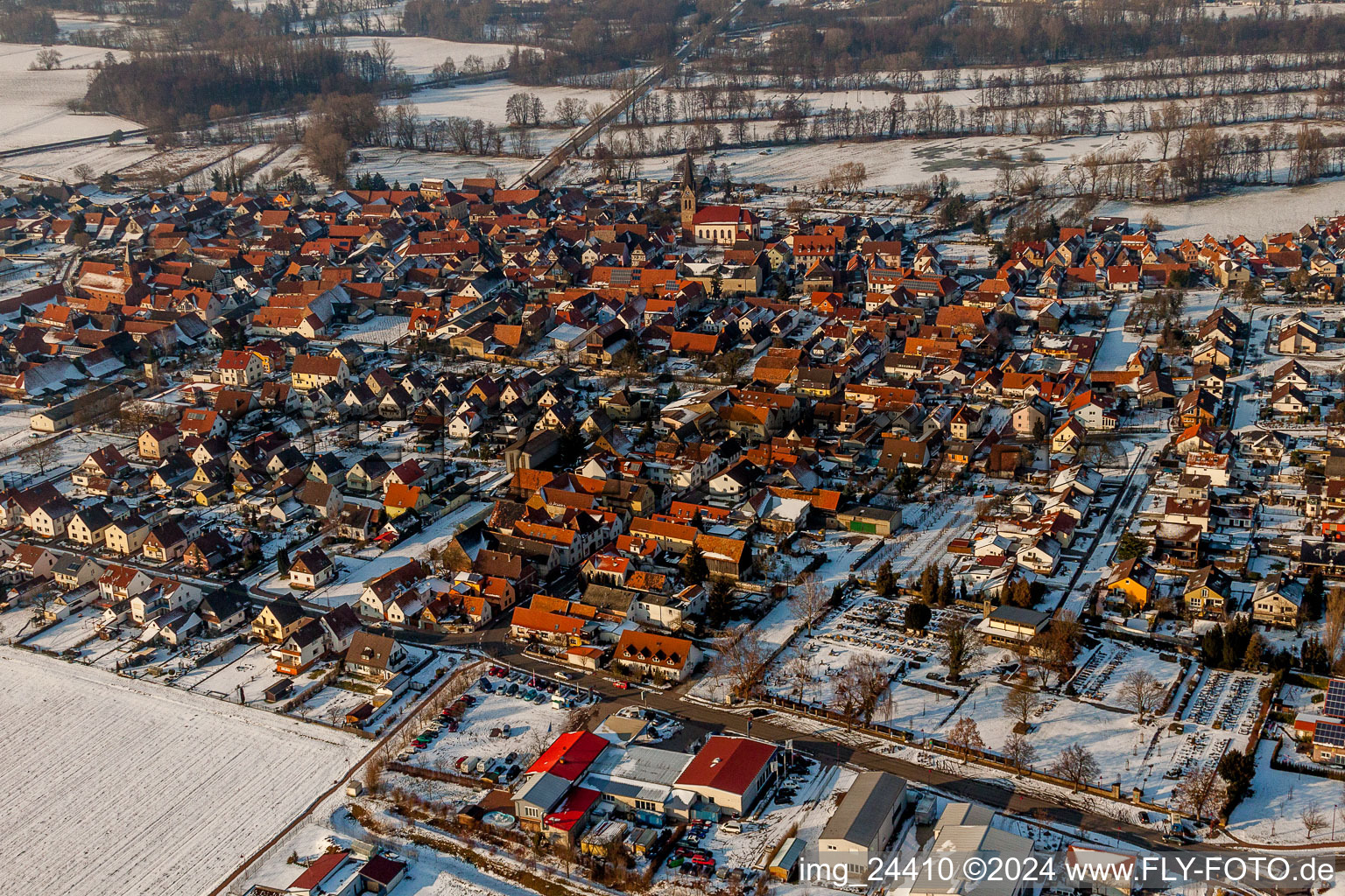 Wintry snowy Village view in Steinweiler in the state Rhineland-Palatinate, Germany
